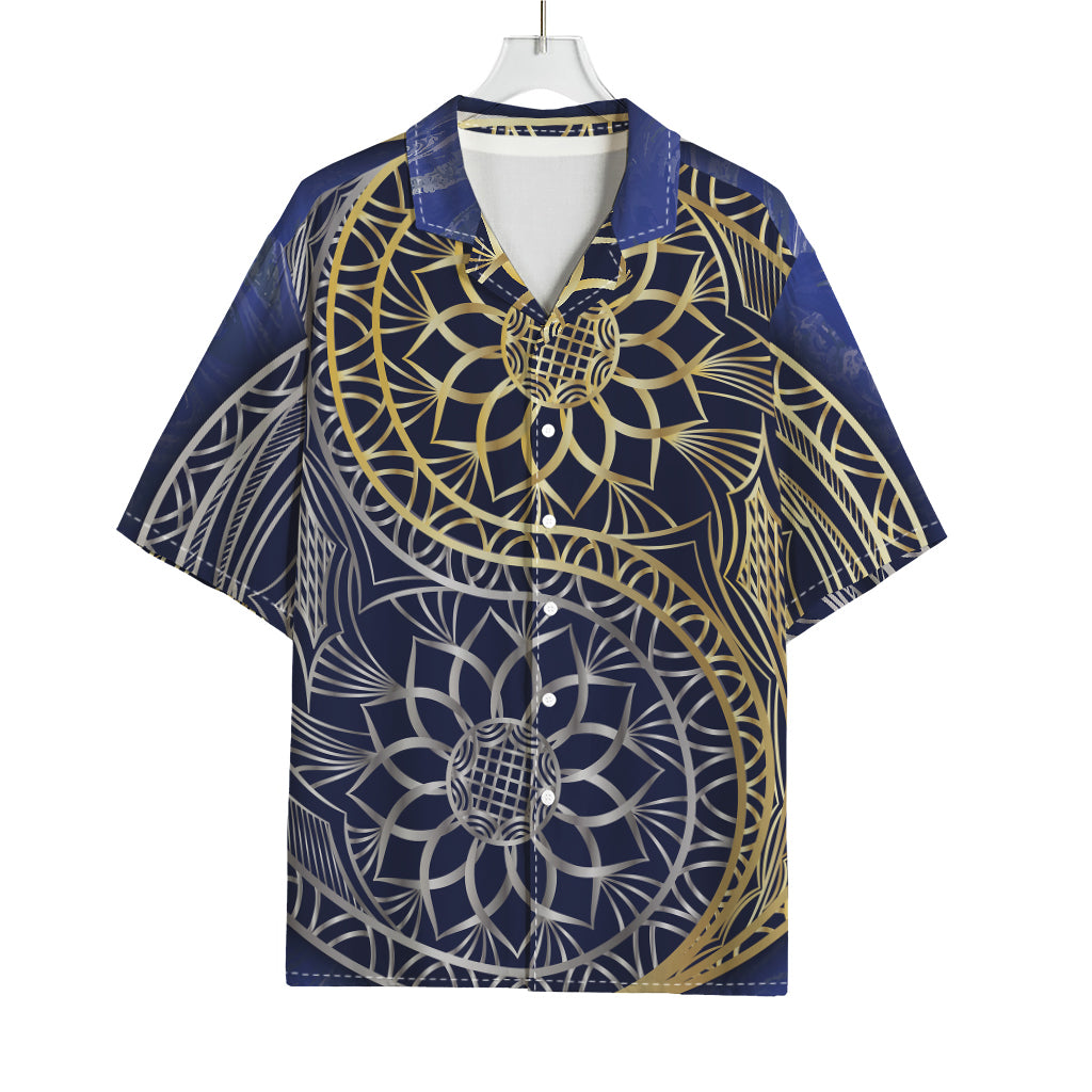Gold And Grey Yin Yang Flower Print Rayon Hawaiian Shirt