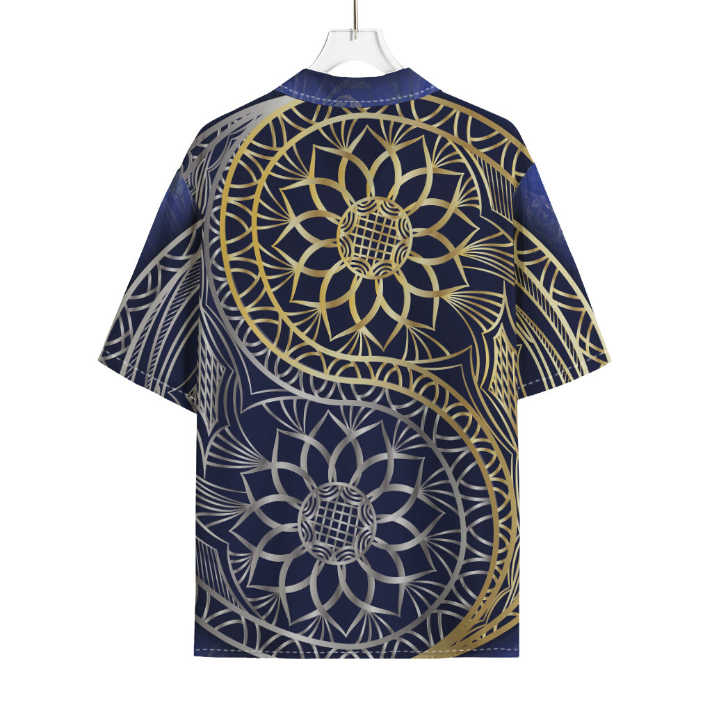 Gold And Grey Yin Yang Flower Print Rayon Hawaiian Shirt