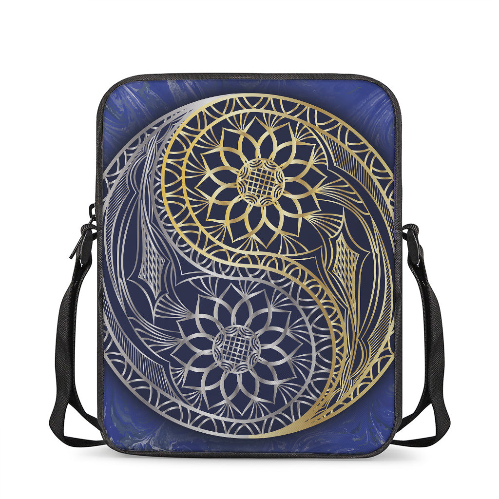 Gold And Grey Yin Yang Flower Print Rectangular Crossbody Bag