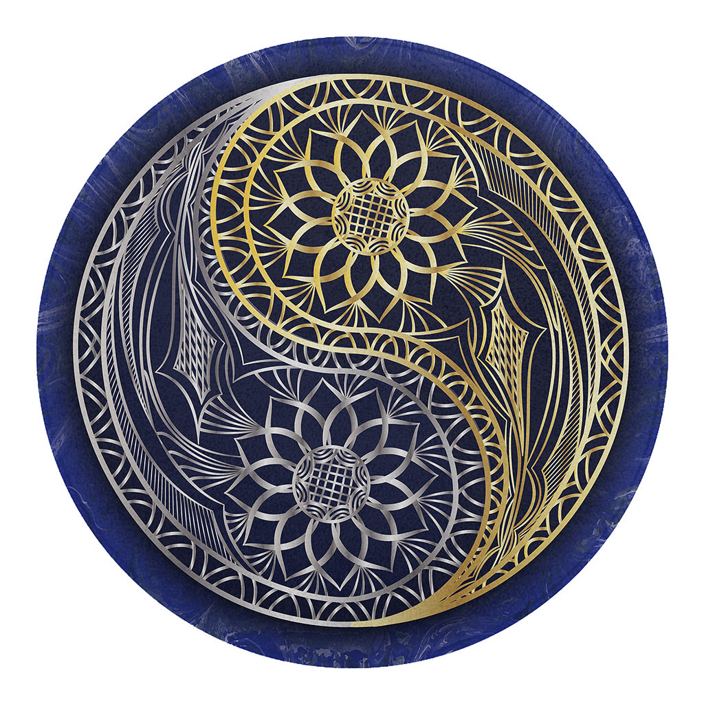 Gold And Grey Yin Yang Flower Print Round Blanket