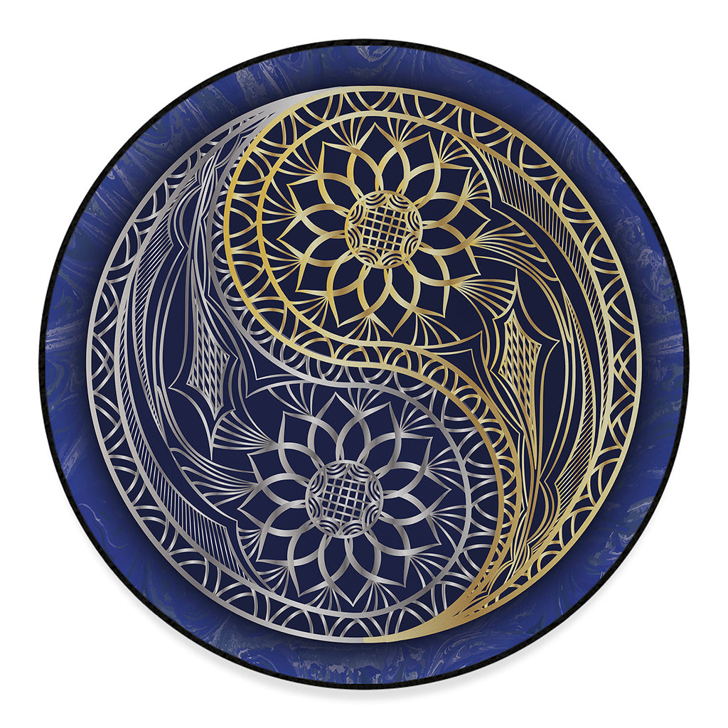 Gold And Grey Yin Yang Flower Print Round Floor Mat