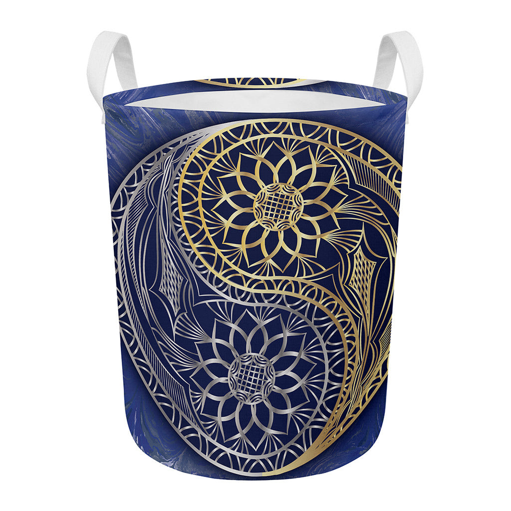 Gold And Grey Yin Yang Flower Print Round Laundry Basket