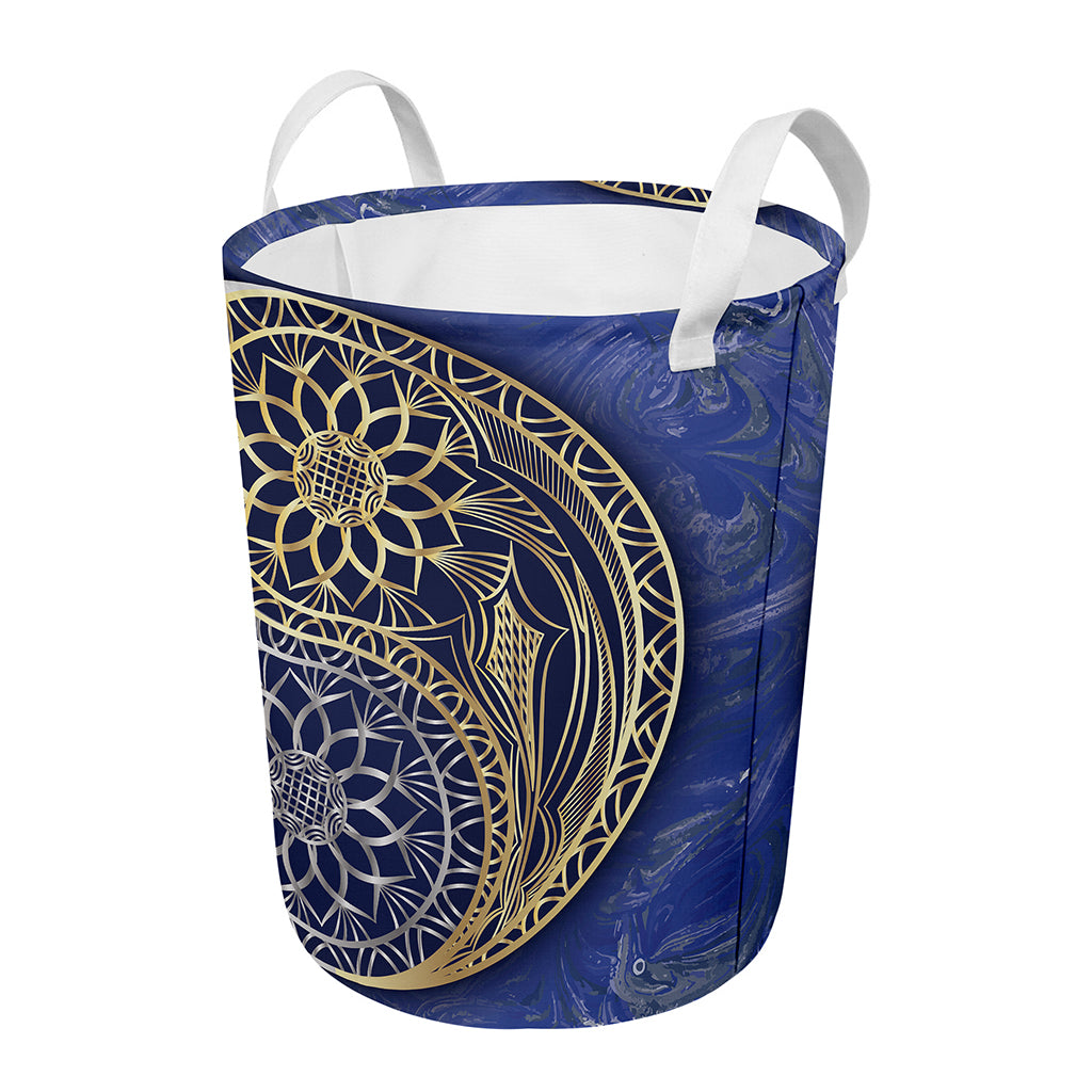 Gold And Grey Yin Yang Flower Print Round Laundry Basket