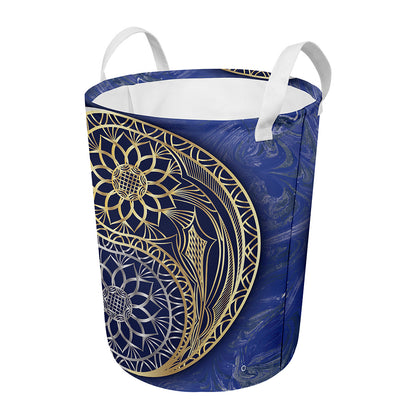 Gold And Grey Yin Yang Flower Print Round Laundry Basket