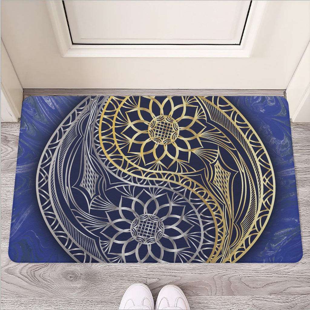 Gold And Grey Yin Yang Flower Print Rubber Doormat