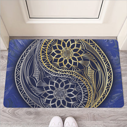 Gold And Grey Yin Yang Flower Print Rubber Doormat