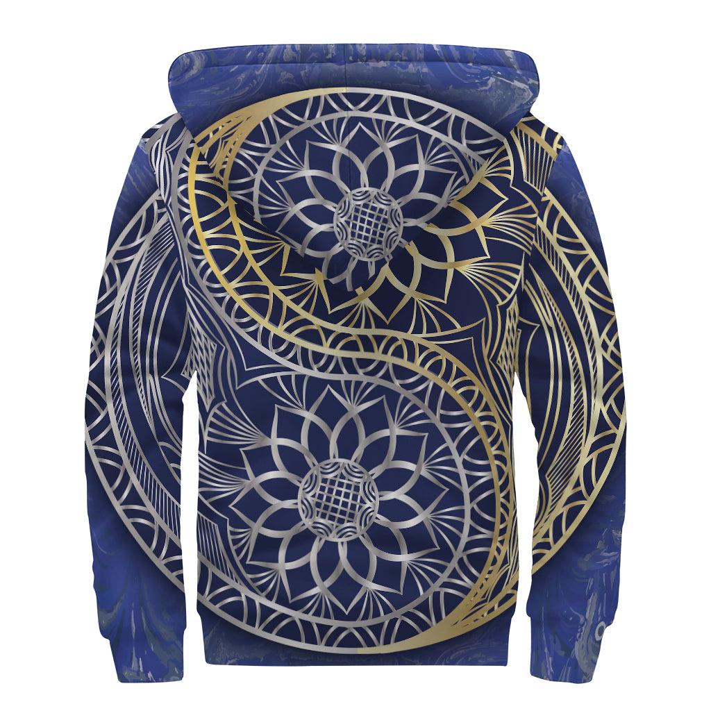 Gold And Grey Yin Yang Flower Print Sherpa Lined Zip Up Hoodie