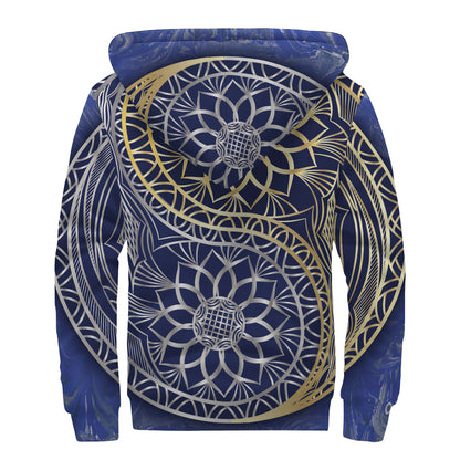 Gold And Grey Yin Yang Flower Print Sherpa Lined Zip Up Hoodie
