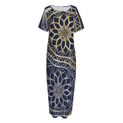 Gold And Grey Yin Yang Flower Print Short Sleeve Long Nightdress
