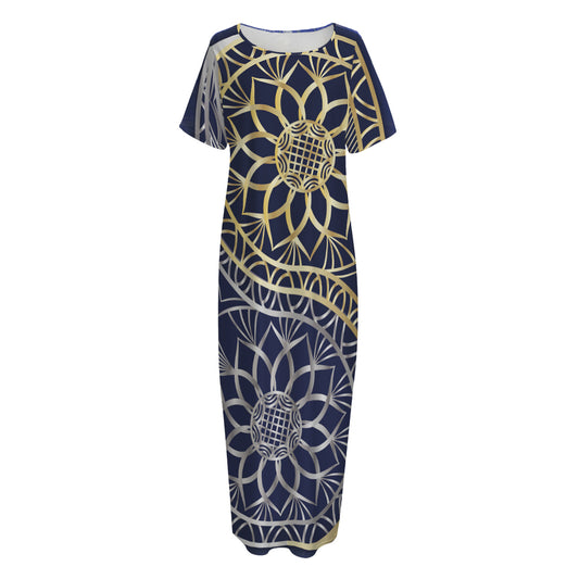 Gold And Grey Yin Yang Flower Print Short Sleeve Long Nightdress