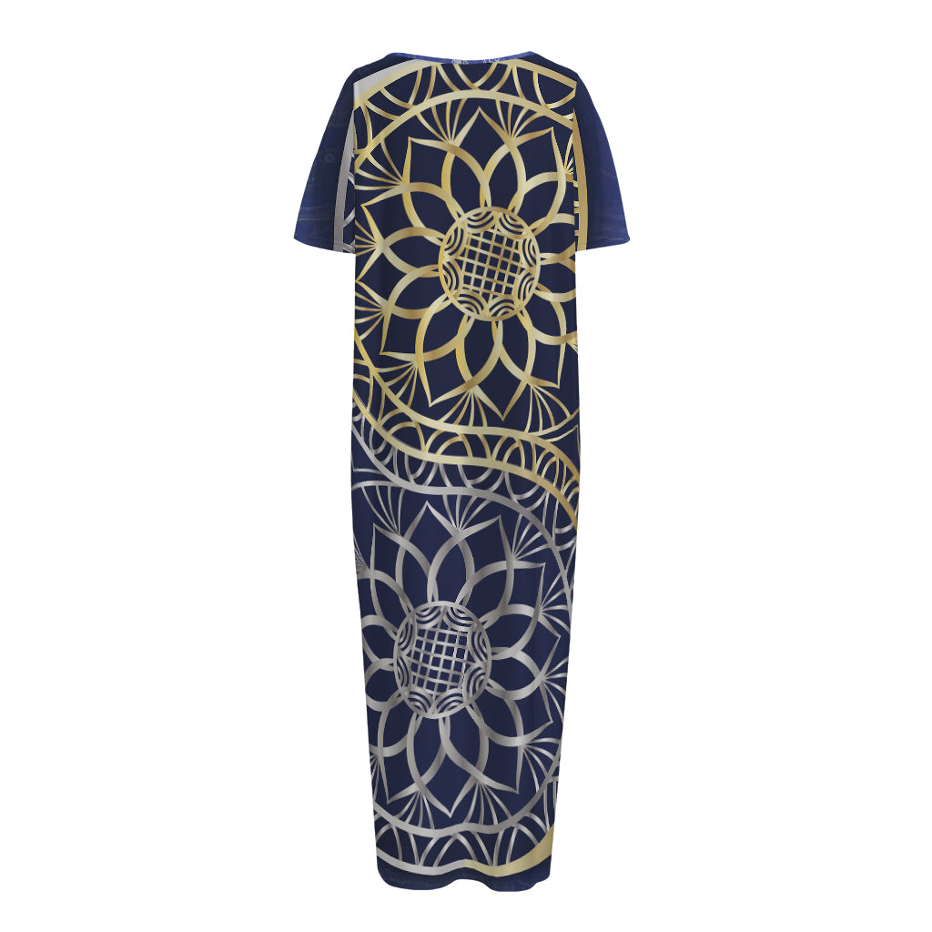 Gold And Grey Yin Yang Flower Print Short Sleeve Long Nightdress