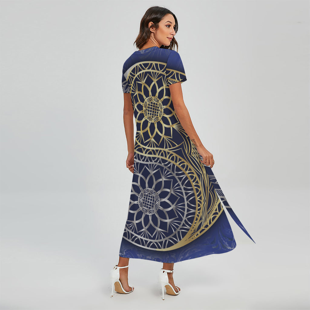 Gold And Grey Yin Yang Flower Print Short Sleeve Maxi Dress
