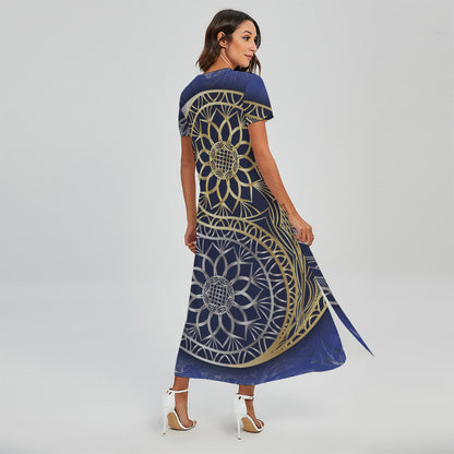Gold And Grey Yin Yang Flower Print Short Sleeve Maxi Dress