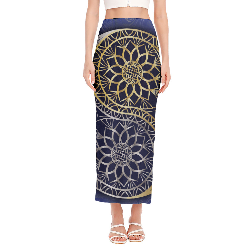 Gold And Grey Yin Yang Flower Print Side Slit Maxi Skirt