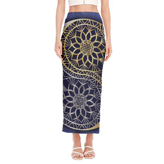 Gold And Grey Yin Yang Flower Print Side Slit Maxi Skirt