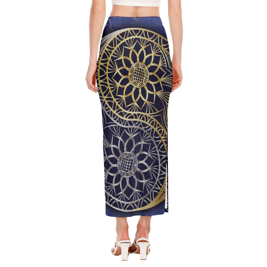 Gold And Grey Yin Yang Flower Print Side Slit Maxi Skirt