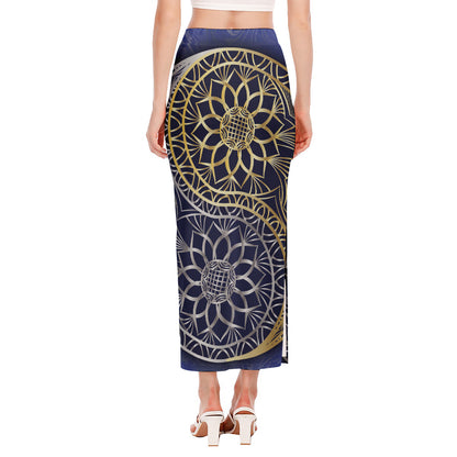Gold And Grey Yin Yang Flower Print Side Slit Maxi Skirt