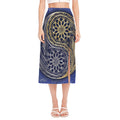 Gold And Grey Yin Yang Flower Print Side Slit Midi Skirt