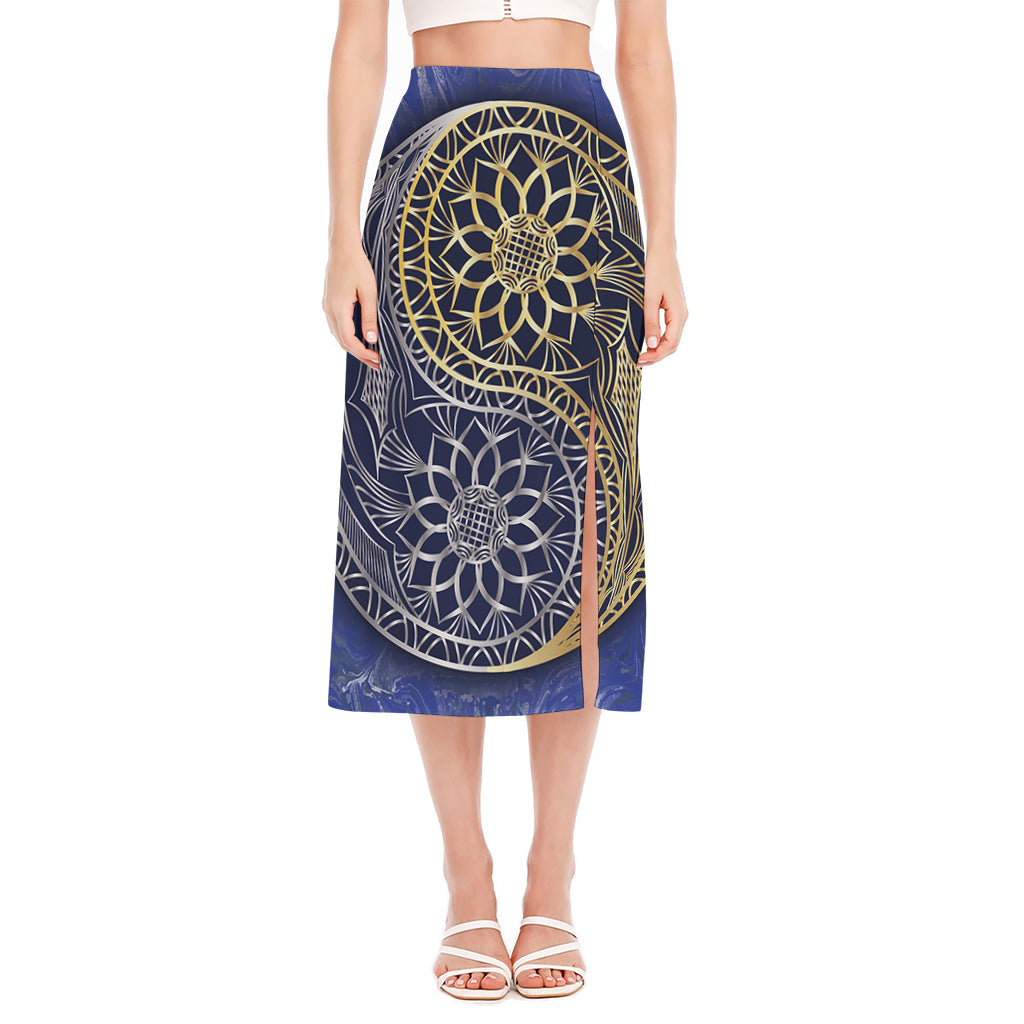 Gold And Grey Yin Yang Flower Print Side Slit Midi Skirt