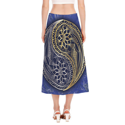 Gold And Grey Yin Yang Flower Print Side Slit Midi Skirt