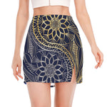 Gold And Grey Yin Yang Flower Print Side Slit Mini Skirt