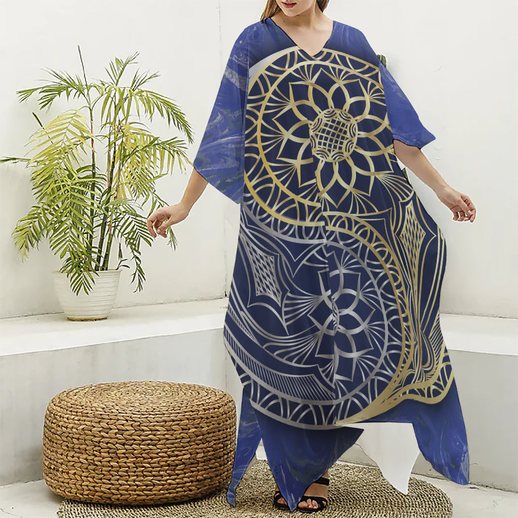 Gold And Grey Yin Yang Flower Print Silk V-Neck Kaftan Dress