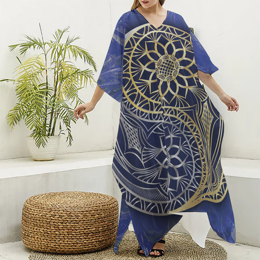 Gold And Grey Yin Yang Flower Print Silk V-Neck Kaftan Dress