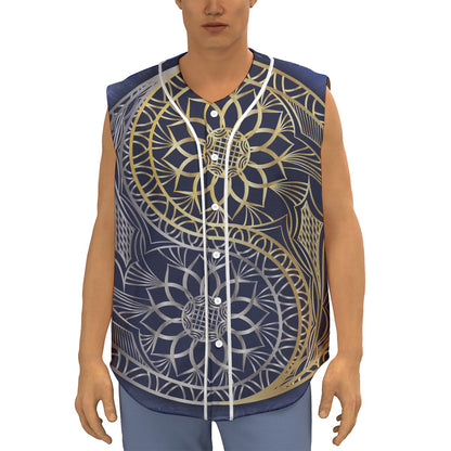 Gold And Grey Yin Yang Flower Print Sleeveless Baseball Jersey