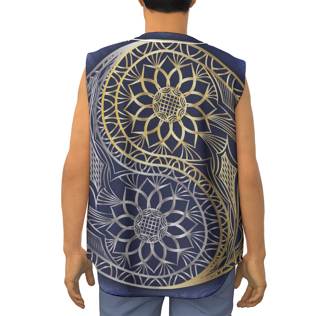 Gold And Grey Yin Yang Flower Print Sleeveless Baseball Jersey