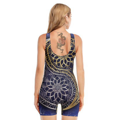 Gold And Grey Yin Yang Flower Print Sleeveless One Piece Swimsuit