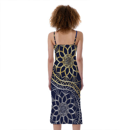 Gold And Grey Yin Yang Flower Print Slim Fit Midi Cami Dress