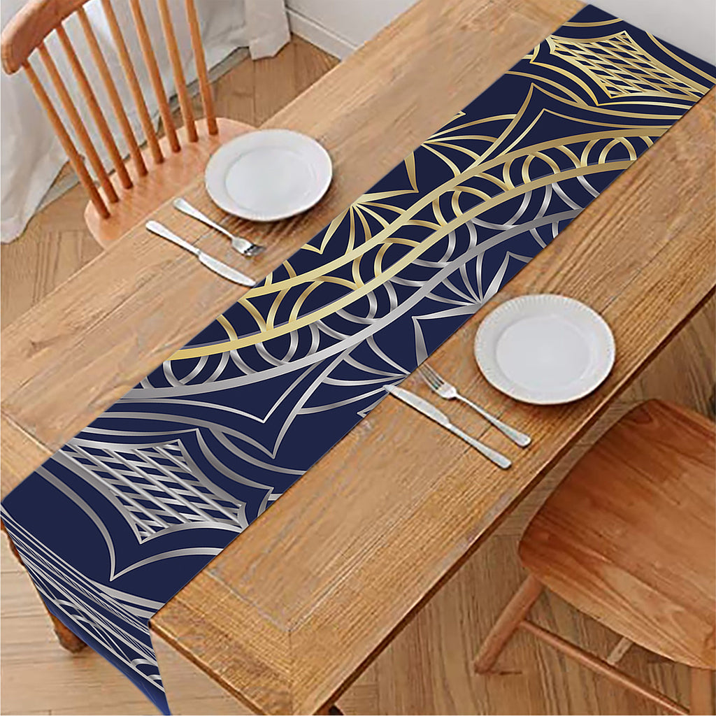 Gold And Grey Yin Yang Flower Print Table Runner