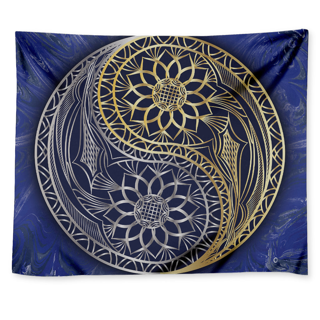Gold And Grey Yin Yang Flower Print Tapestry