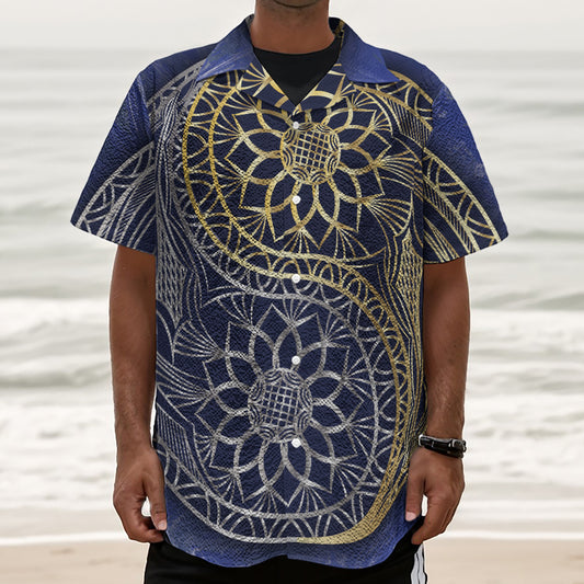 Gold And Grey Yin Yang Flower Print Textured Short Sleeve Shirt