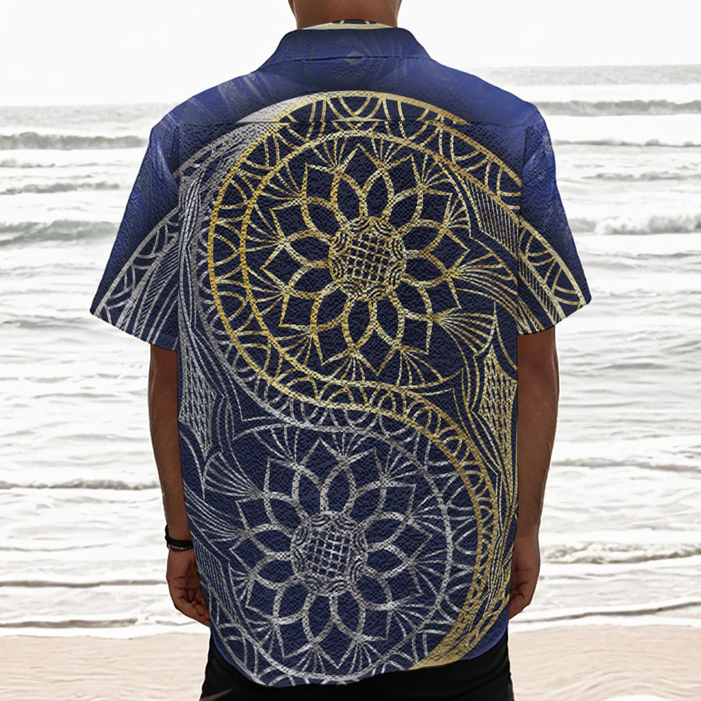 Gold And Grey Yin Yang Flower Print Textured Short Sleeve Shirt