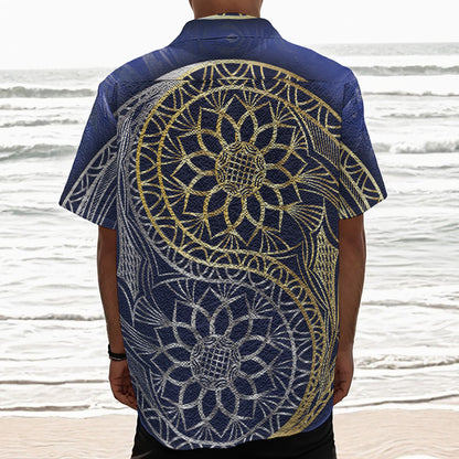 Gold And Grey Yin Yang Flower Print Textured Short Sleeve Shirt