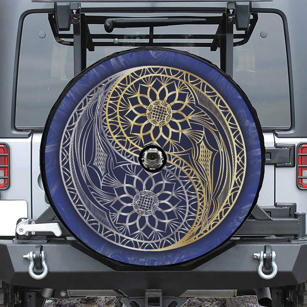 Gold And Grey Yin Yang Flower Print Tire Cover With Camera Hole