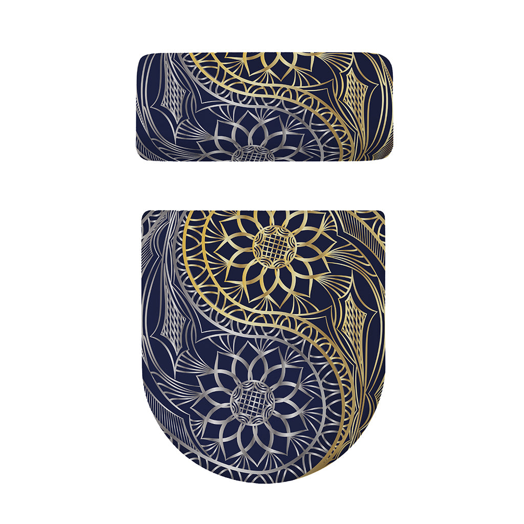 Gold And Grey Yin Yang Flower Print Toilet Lid And Tank Cover Set
