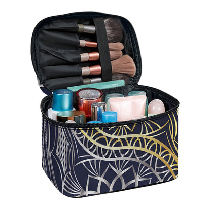 Gold And Grey Yin Yang Flower Print Travel Makeup Bag