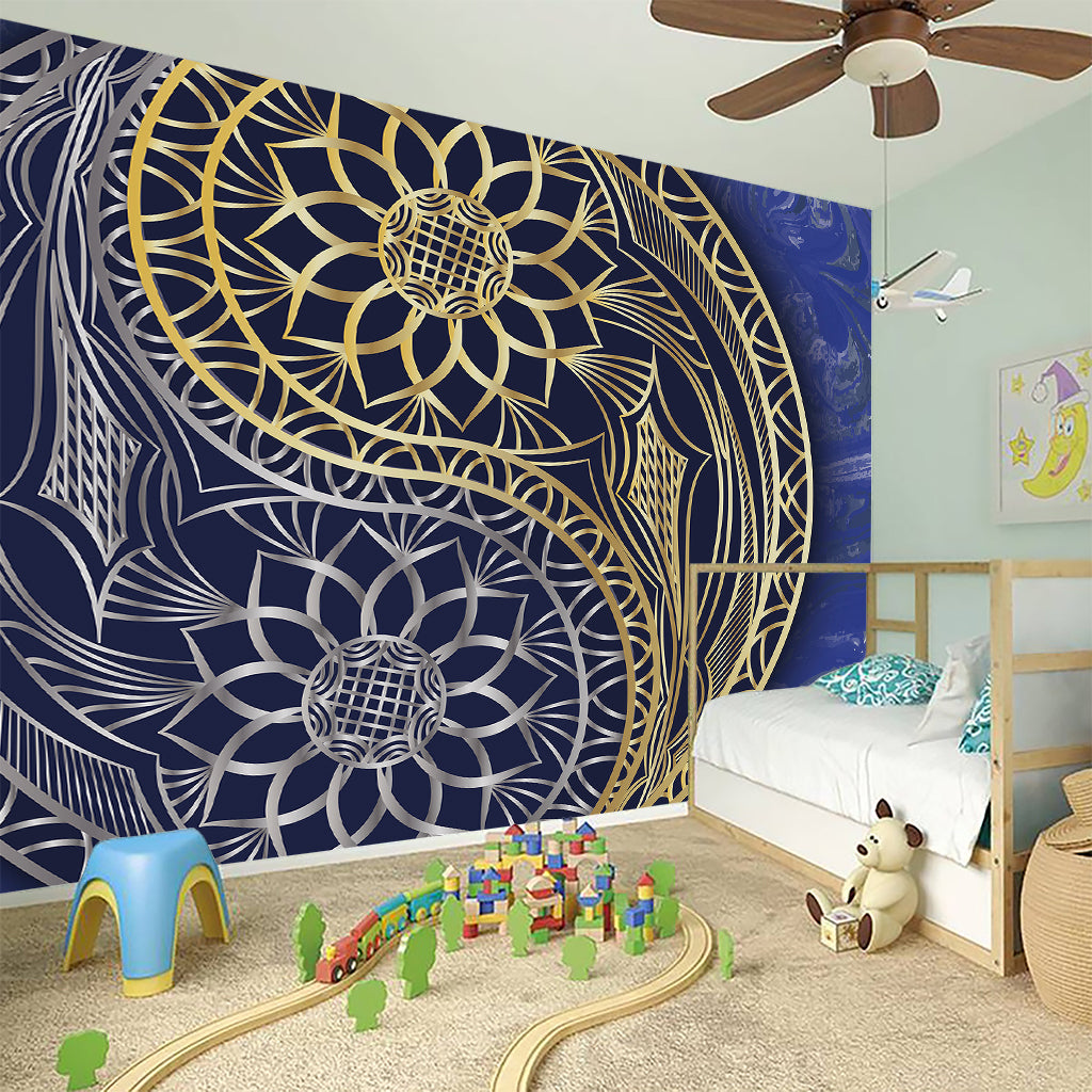 Gold And Grey Yin Yang Flower Print Wall Sticker