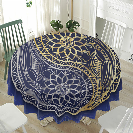 Gold And Grey Yin Yang Flower Print Waterproof Round Tablecloth