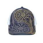 Gold And Grey Yin Yang Flower Print White Mesh Trucker Cap