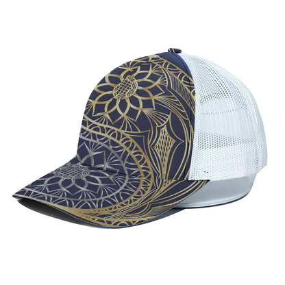 Gold And Grey Yin Yang Flower Print White Mesh Trucker Cap