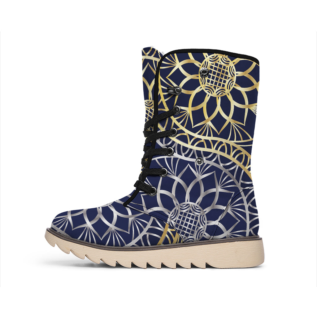 Gold And Grey Yin Yang Flower Print Winter Boots