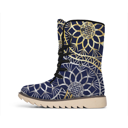 Gold And Grey Yin Yang Flower Print Winter Boots