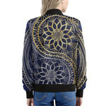 Gold And Grey Yin Yang Flower Print Women's Bomber Jacket