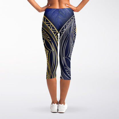 Gold And Grey Yin Yang Flower Print Women's Capri Leggings