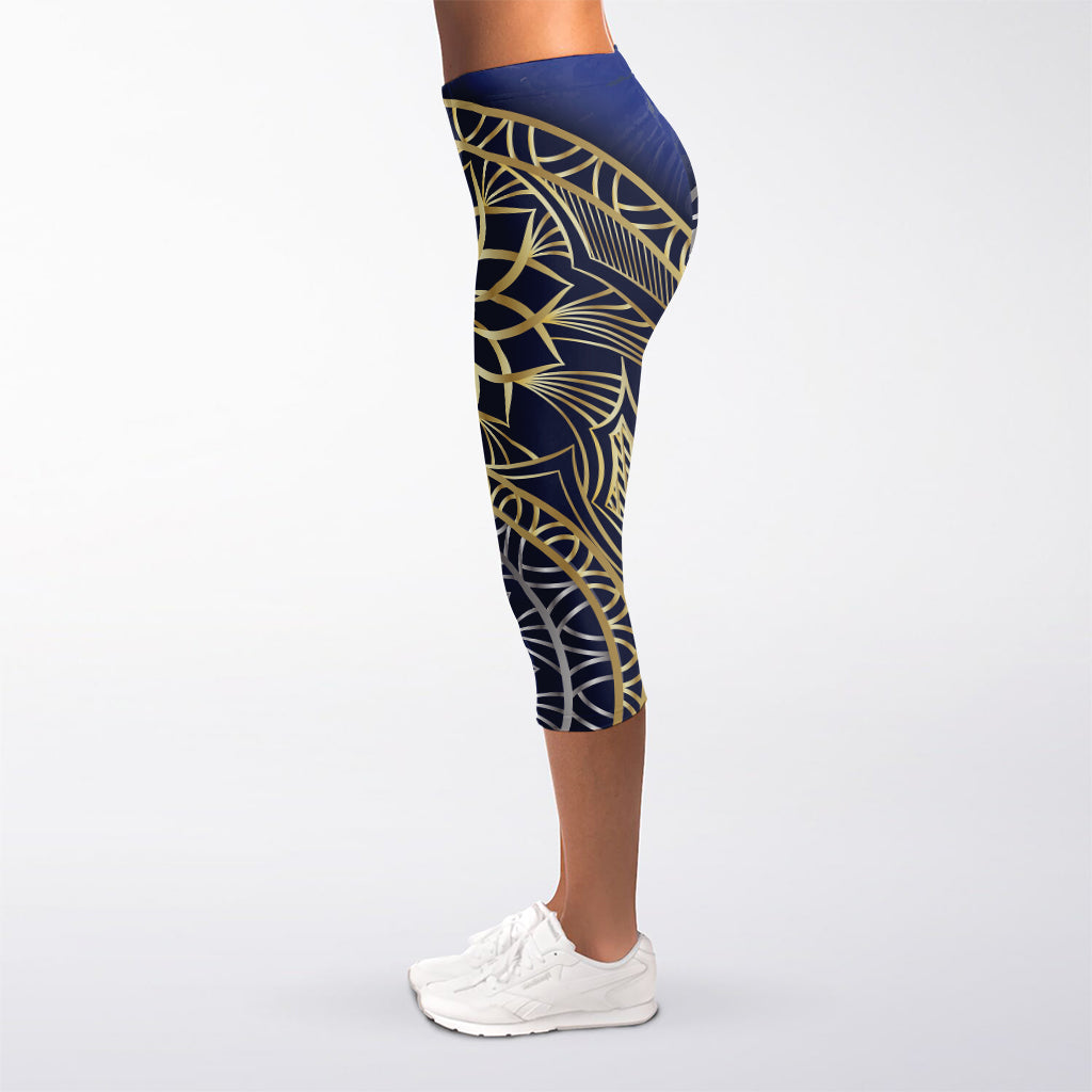 Gold And Grey Yin Yang Flower Print Women's Capri Leggings