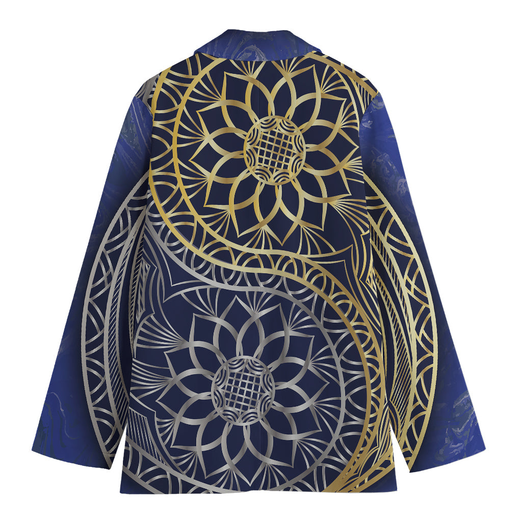 Gold And Grey Yin Yang Flower Print Women's Cotton Blazer