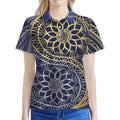 Gold And Grey Yin Yang Flower Print Women's Polo Shirt